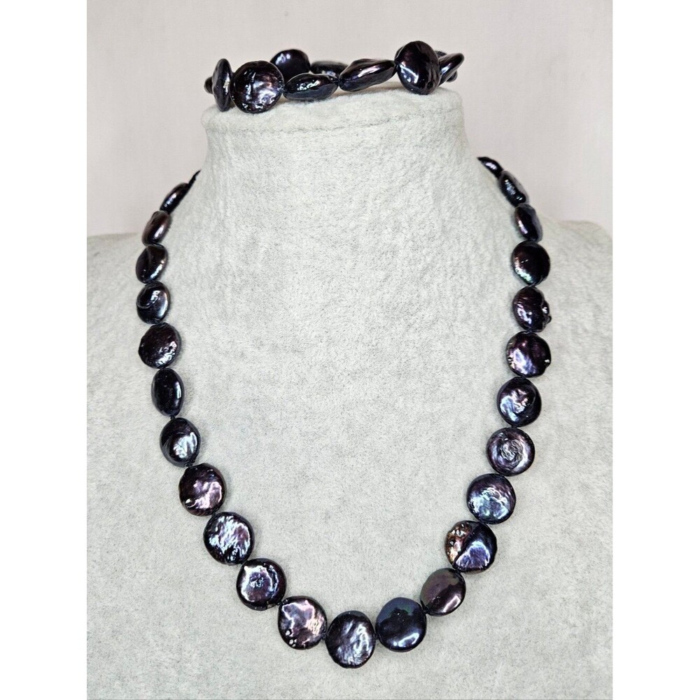 NWT Genuine Peacock Coin Pearl Necklace 18" & Bracelet Set Stainless Steel
